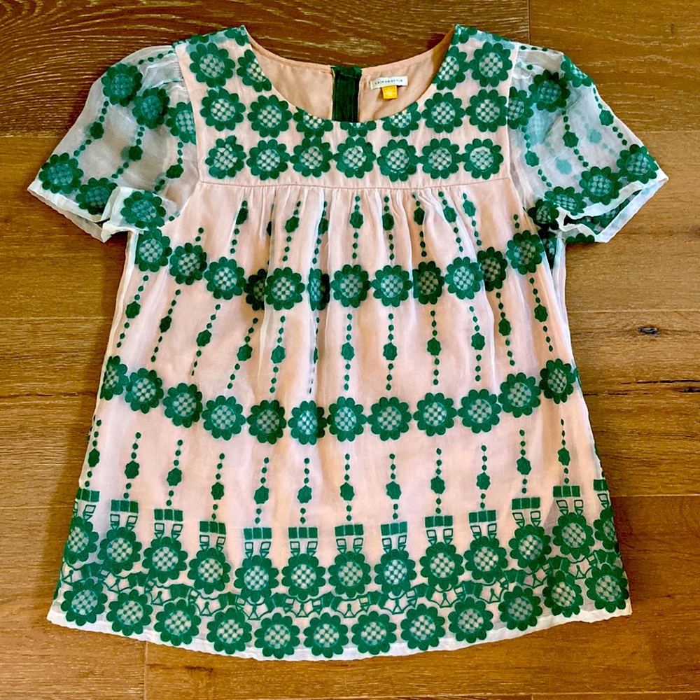 Silk, embroidered off white and green top